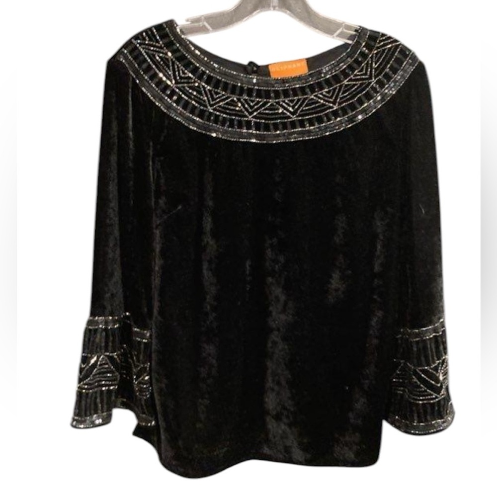 Oliphant Velvet Long Sleeve Blouse with Art Deco Metallic Embroidery